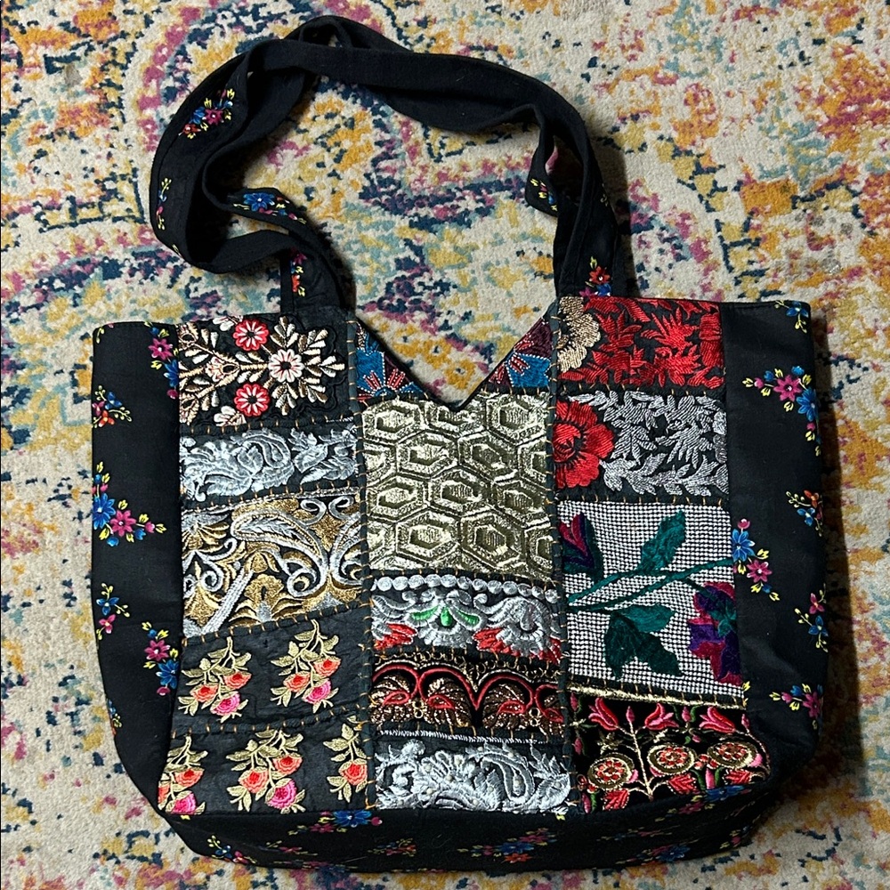 Tribe Azure Handcrafted Fair Trade Patchwork Mixed Texture Embroidered Tote
